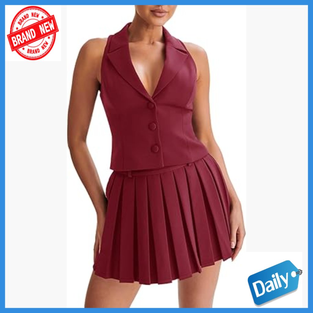 Women's 2-Piece Vest Skirt Set, V-Neck Blazer Vest, Pleated Mini Skirt